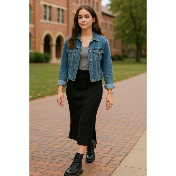 Abercrombie & Fitch Skirt SP Black Ribbed Sweater Knit Midi Slit Preppy Casual - Picture 1 of 6